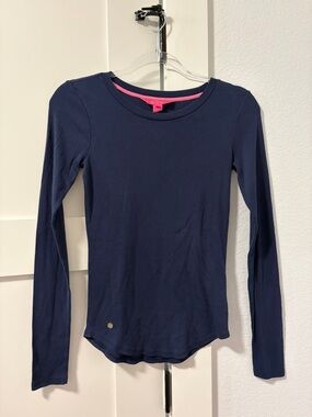 Lilly Pulitzer Navy Long Sleeve Crewneck Top with Pink Trim
